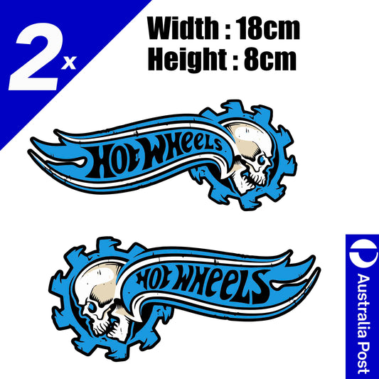 HOTWHEELS Logo Skull with Flames, Motorcycle Tank Vinyl Blue Logo Stickers