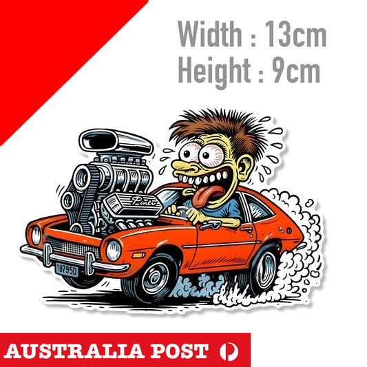 Red Ford Pinto Muscle Car Piston Old School Ratfink Rat Fink classic HOT ROD Sticker