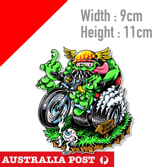 Green Alien Monster Hot ROD Motorcycle Rider middle Finger RATFINK Style Sticker