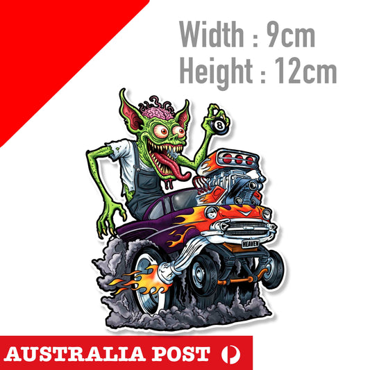 Rat Fink Style Odd Rod American Muscle Car Alien Brain , HOT ROD CAR Sticker