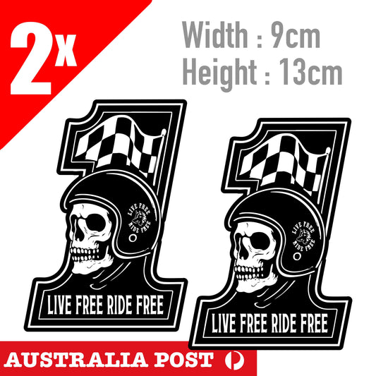 Skull Head Motorcycle Number 1 , Live Free Ride Free, Helmet, Fuel Tank Sticker