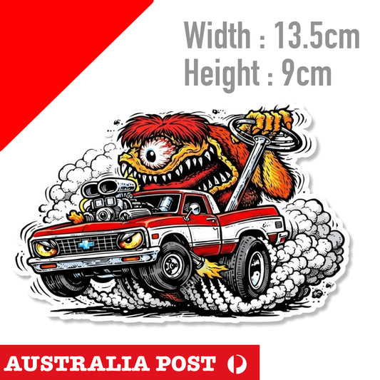 Chevy Ute Monster Alien Muscle Car Piston, Rat Fink classic HOT ROD UTE Sticker