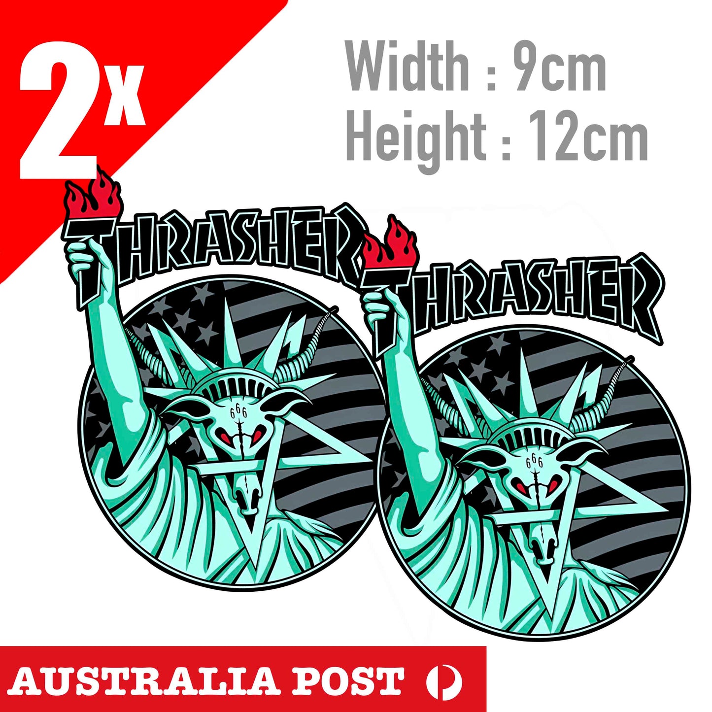 THRASHER 1981 Devil Logo ,666  lady Liberty Sticker