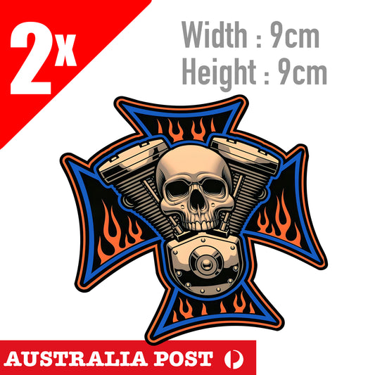 Skull head with Motorcycle Twin Cam Engine, Motorcycle, MotoGP Logo Sticker