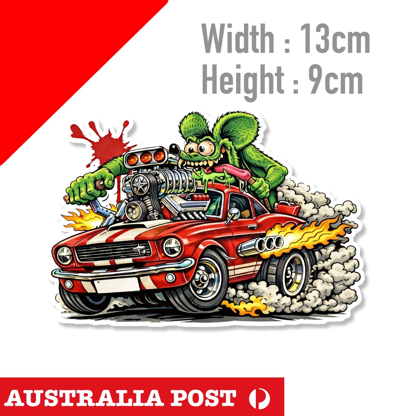 Rat Fink Racing Classic American Muscle Car, Hot Rod, Red Racing Ford mustang Sticker