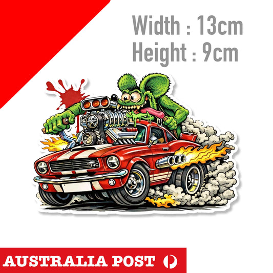 Rat Fink Racing Classic American Muscle Car, Hot Rod, Red Racing Ford mustang Sticker