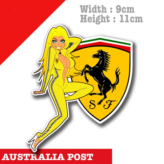 Ferrari with Blond Pin Up Girl  Sticker