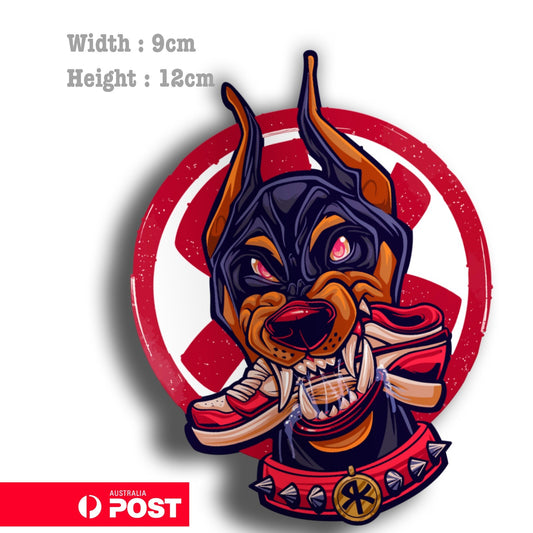 Angry Doberman Dog Chewing shoe Laptop , Car  Decal Sticker 