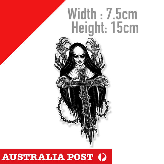 Evil NUN with CROSS Tattoo Monster, Motorcycle Helmet, Fuel Tank, Skull Sticker