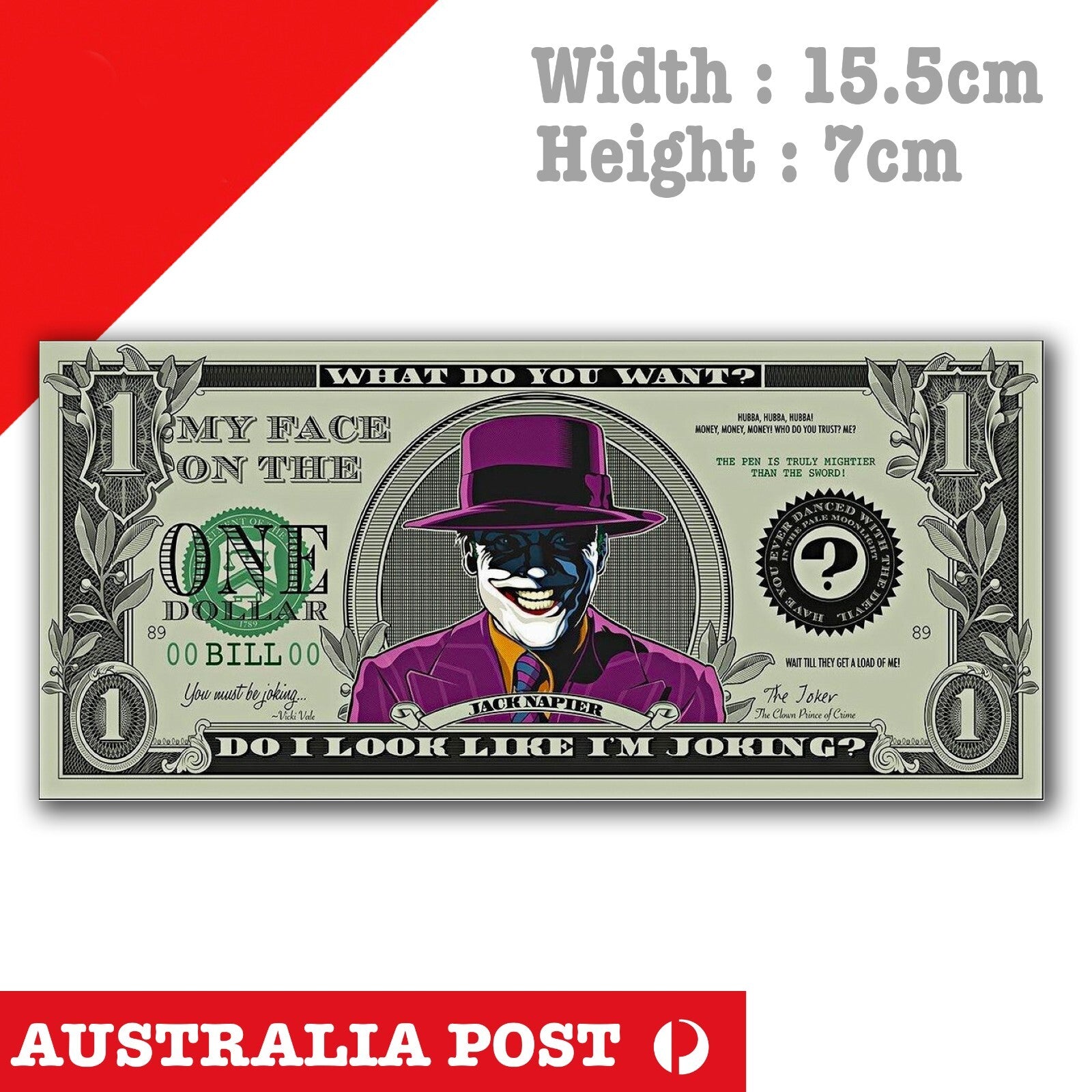 DC Joker one Dollar Note , Harley Quinn , Joker DC Comic Character Sticker