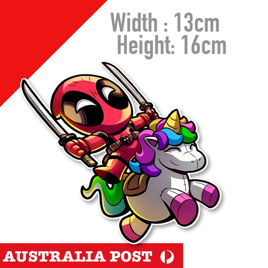 Deadpool Riding Unicorn with Swords Funny  Sticker