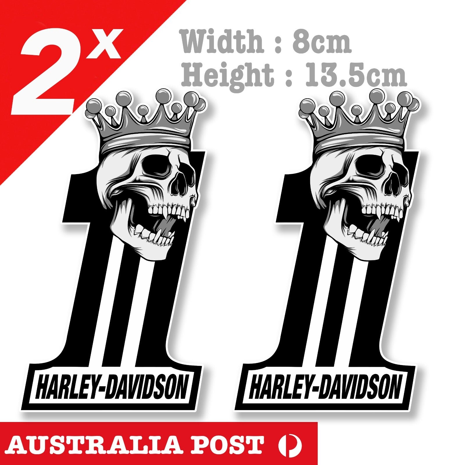 Harley Davidson # 1 Crowned Skull Motorcycle, Fuel Tank, Helmet Stickers