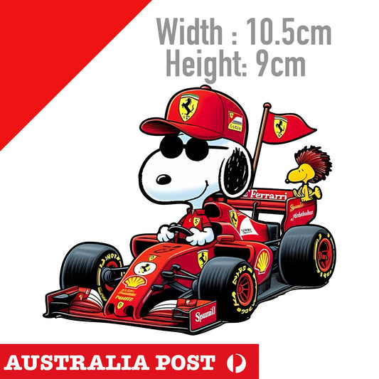 Snoopy dog and Woodstock Bird Ferrari Formula 1 Racing Car Sticker