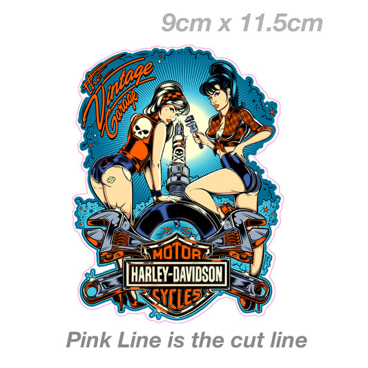 Harley Davidson Motorcycle Mechanic Pin Up Girl - Engine & Spark Plug  Sticker 