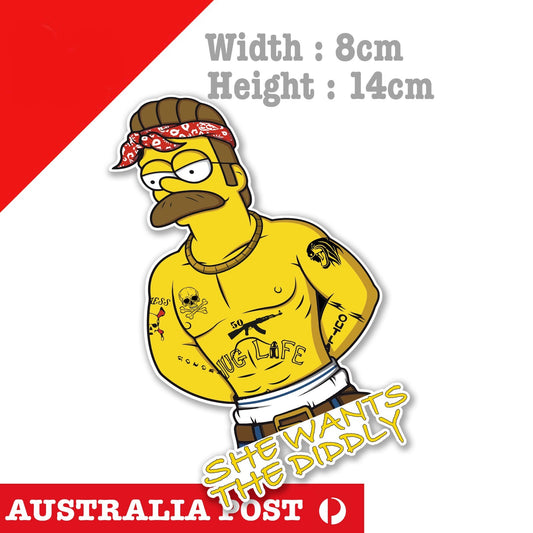 NED Flanders Tattooed - Simpsons -  She wants the diddly  Funny Decal Sticker