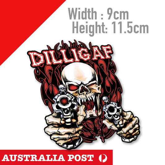 Evil Skull with Guns, DILLIGAF Do I Look Like I Give a F*ck funny joke Sticker
