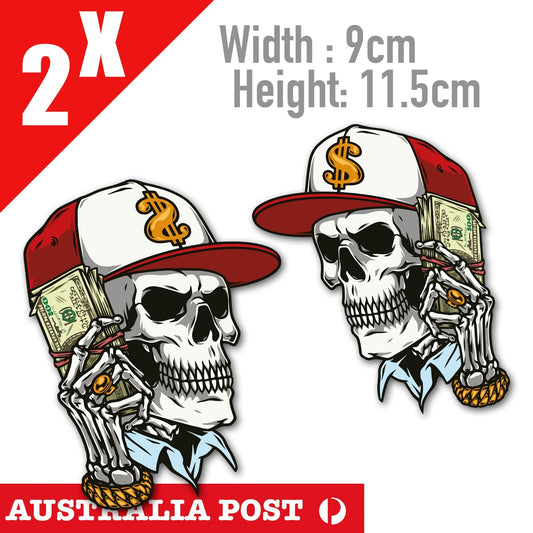Gangster Skull Stack of cash On Ear, Money Phone Funny Skull Decal Stickers