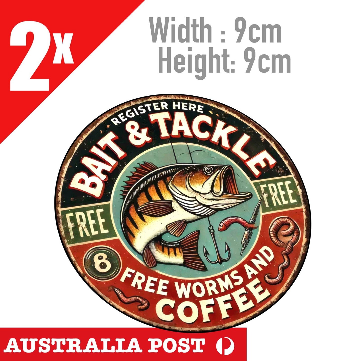 BAIT & TACKLE, FISH BAIT AND TACKLES Rustic Round  Fishing Sign Stickers