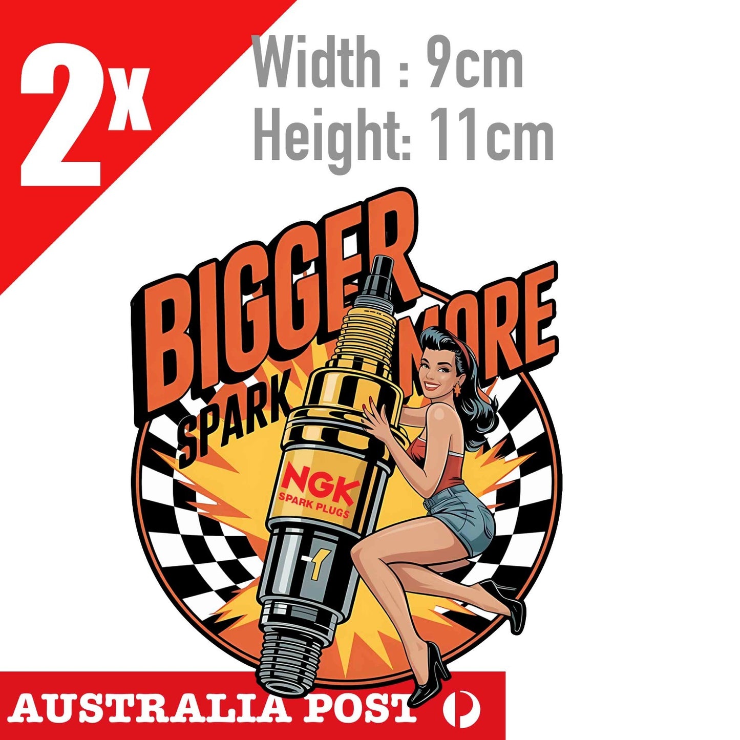 NGK SPARL PLUG Logo, Pin Up Girl With Spark Plug Logo Car Decal 2x Sticker