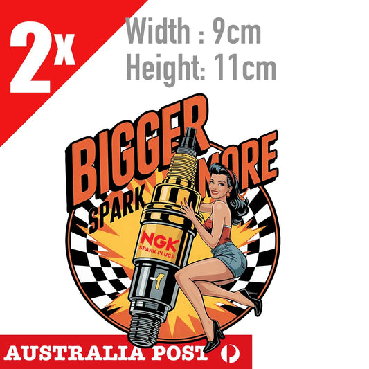 NGK SPARL PLUG Logo, Pin Up Girl With Spark Plug Logo Car Decal 2x Sticker