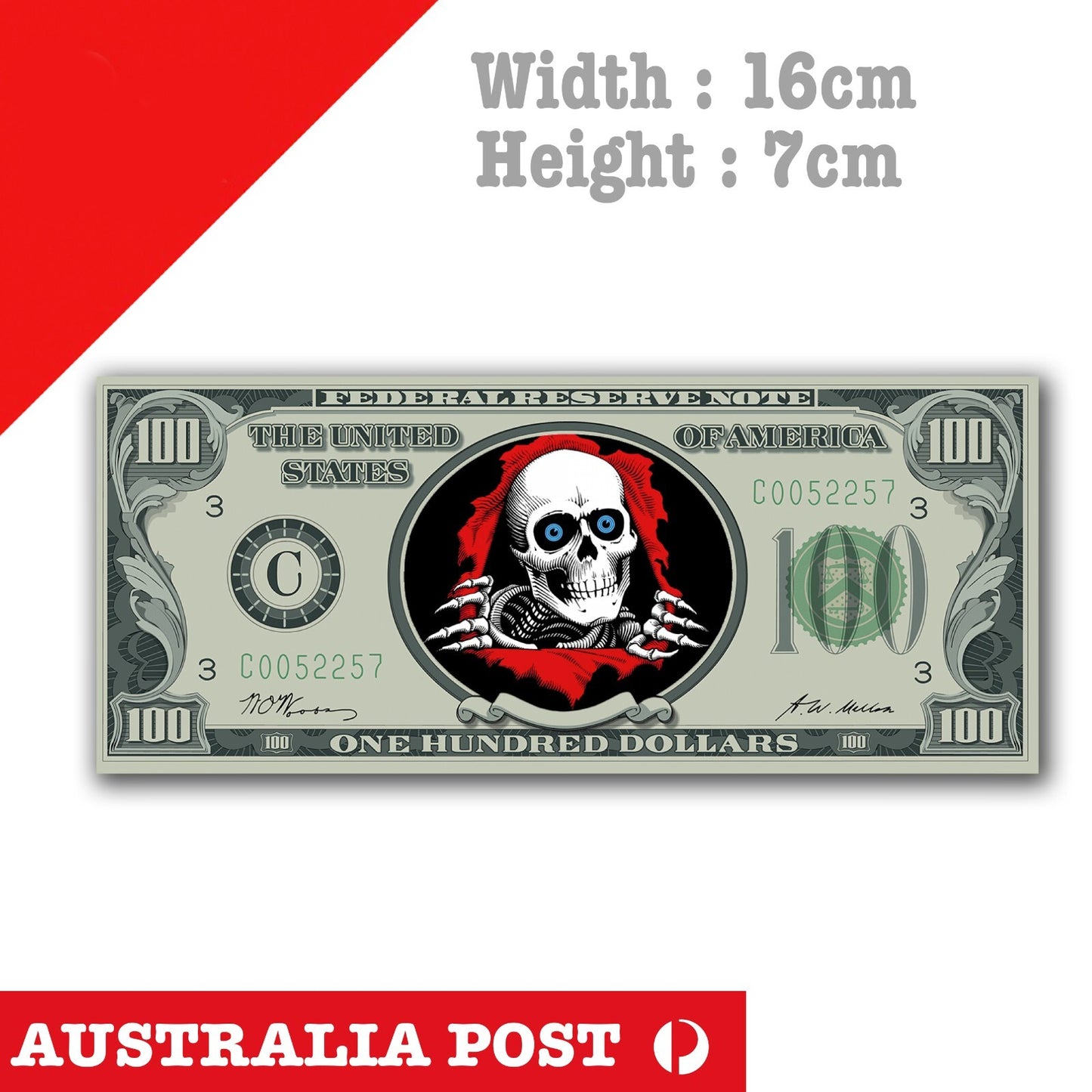 POWELL PERALTA RIPPER Skull 100 Dollar US Money - Skateboarding Skull Sticker