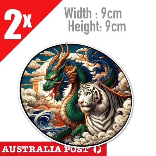 Wingchun Chinese Dragon and White Tiger Dancing on the Clouds Round Stickers