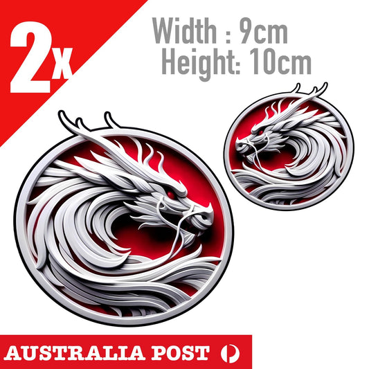 WHITE Ice Dragon Round Badge, WHITE DRAGON CHINESE Stickers