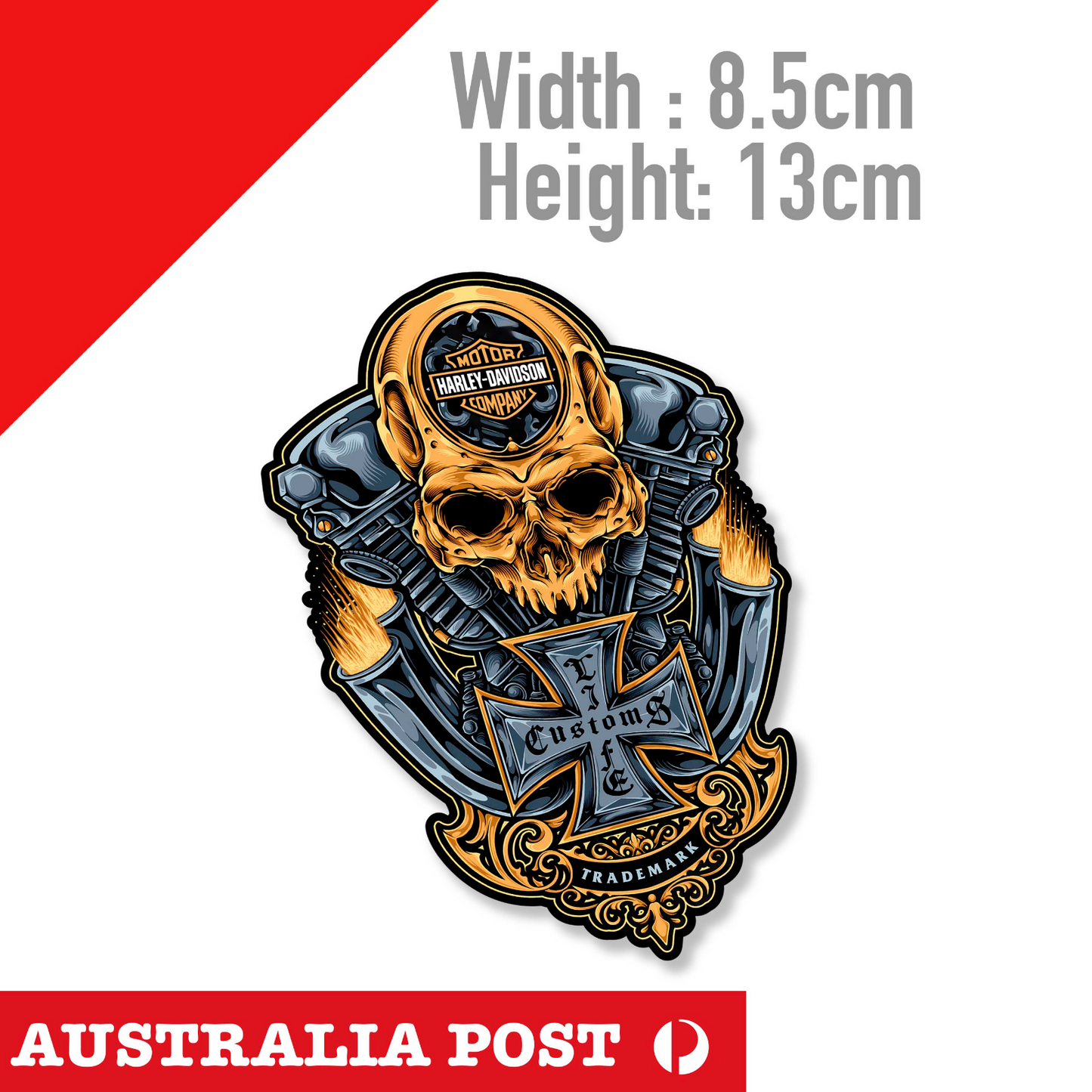 GOLD Skull Head Motorcycle Engine , Harley Davidson Logo Sticker