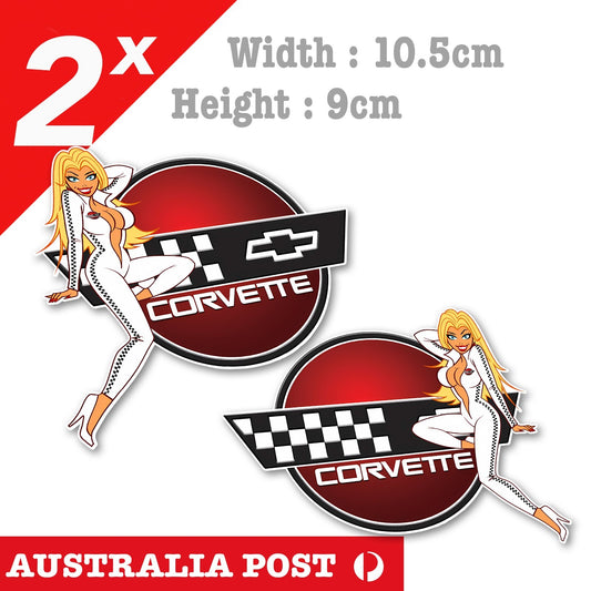 Chevrolet Corvette Logo, Sexy Pin Up Blonde Girl x2 Sticker