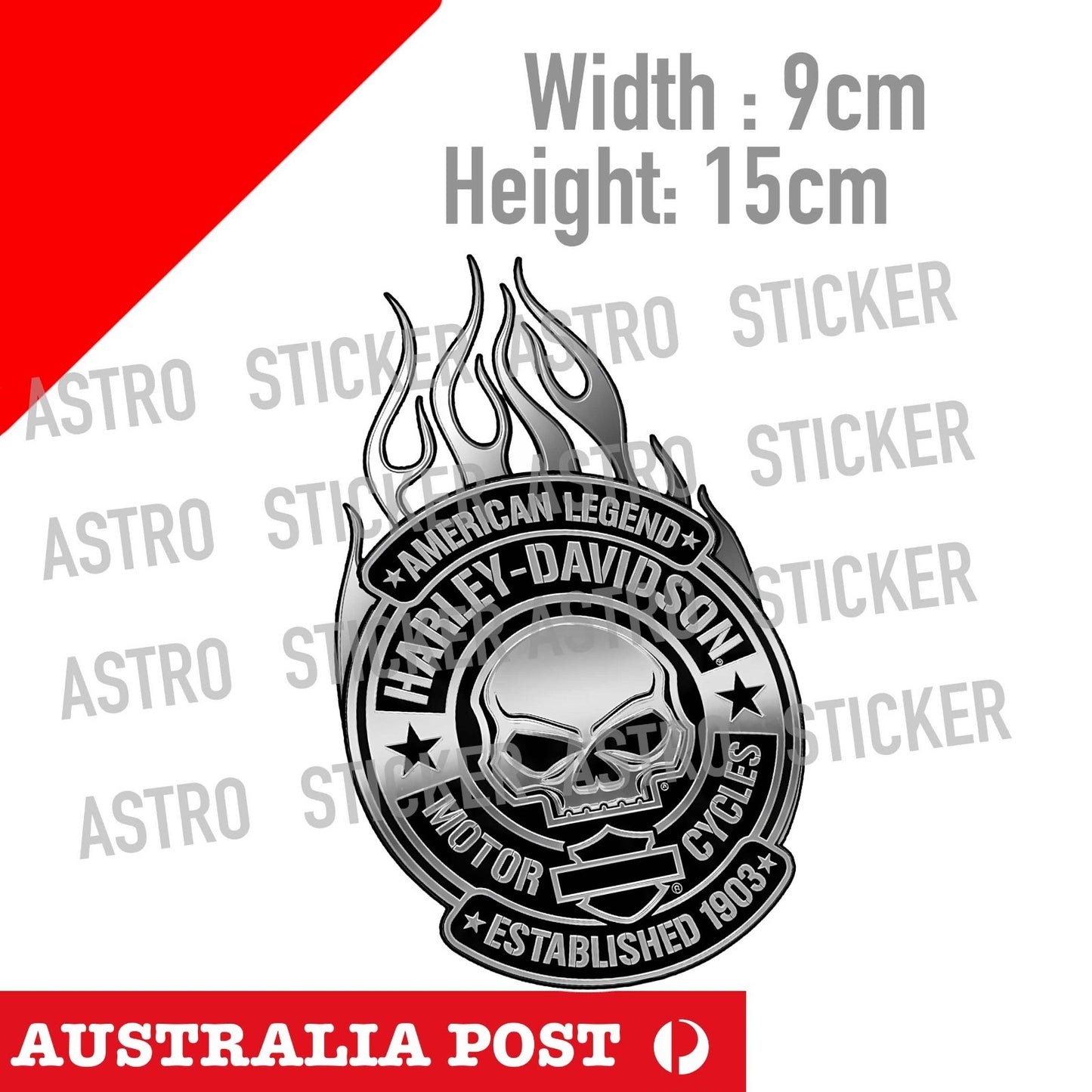 Harley Davidson Motorcycle Skull Head Chrome Flame Sticker