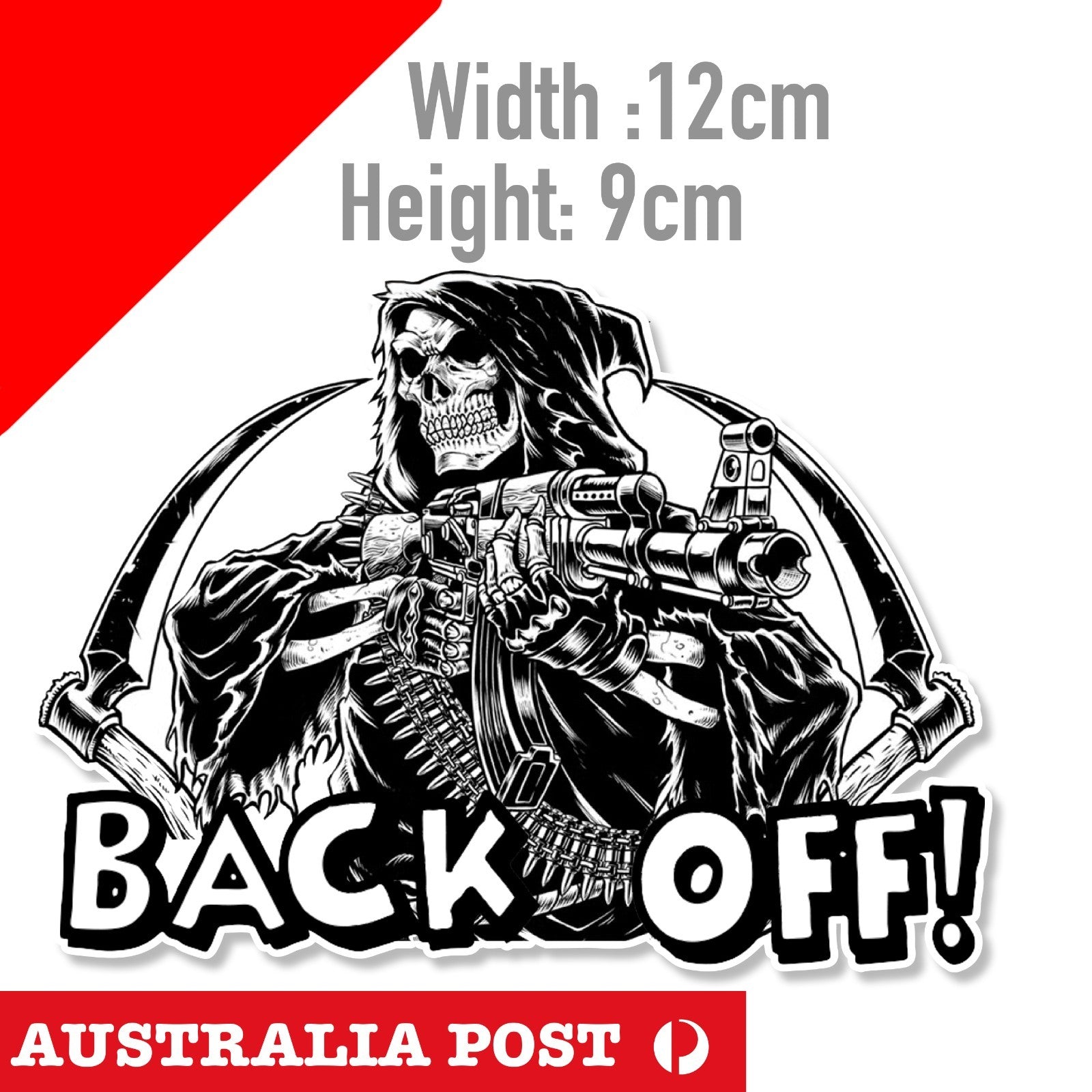 BACK OFF Skull with Machine Gun Sticker Car Window Laptop Angry Rude Sticker