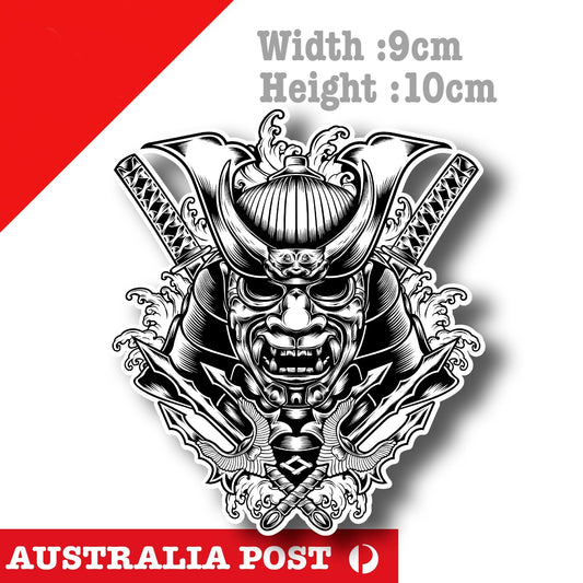 Oni Samurai Mask with Swords Cross Laptop , Car  Decal Sticker 