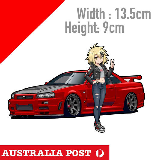 Red Nisssan GTR GODZILLA with Sexy Anime Girl Sticker