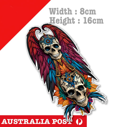 Tribal Skull with Wings and Feather, Motorcycle Helmet, Fuel Tank, Skull Sticker