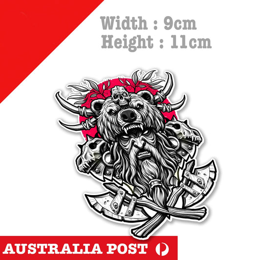 Viking Skull , Bear Head, Axe Cross, Mythology Warrior Head Sticker