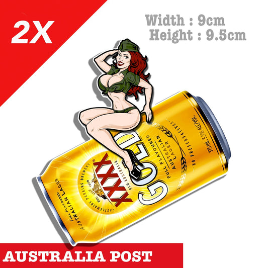 CASTLEMAINE XXXX MAN BEER Can Gold, Sexy Soldier Pin Up Girl  Sticker