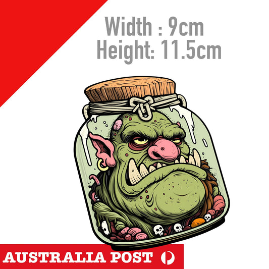 OGER Monster head in jar, funny Cartoon Sticker