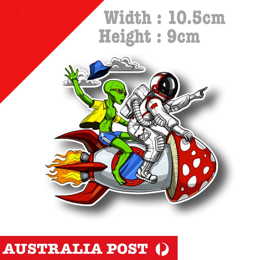 Alien and Astronaut  Riding a Mushroom Missile Funny, Alien Bombs Away  Sticker