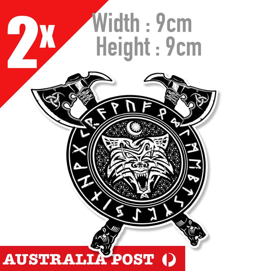 Odin Viking WOLF Head,Rune Axes & Wolf - Nordic, mythology badge Stickers