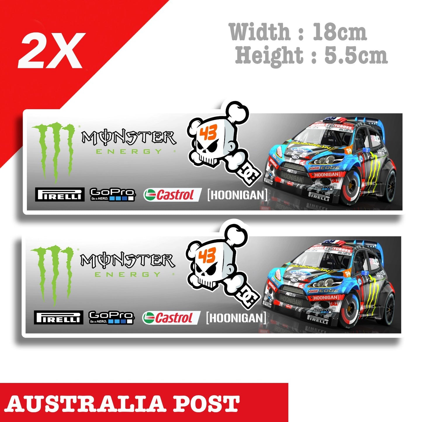 Ken Block 43 Ford Fiesta, Monster Energy, Castrol Oil, Hoonigan Logo Stickers