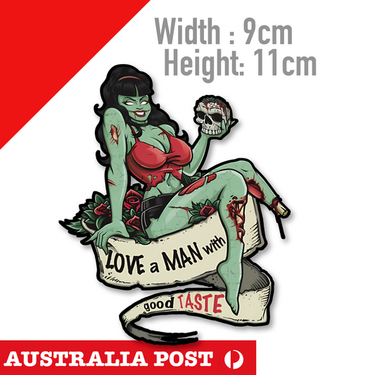 Sexy Zombie Girl with SKULL in hand, LOVE a Man with Good Taste Funny Sticker