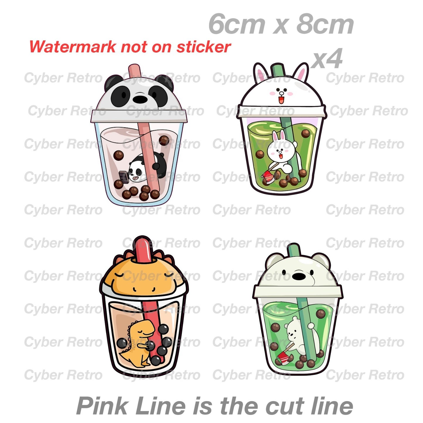 Bubble  Tea Dino, Panda and Rabbit Funny  Laptop , Car  Decal Sticker 