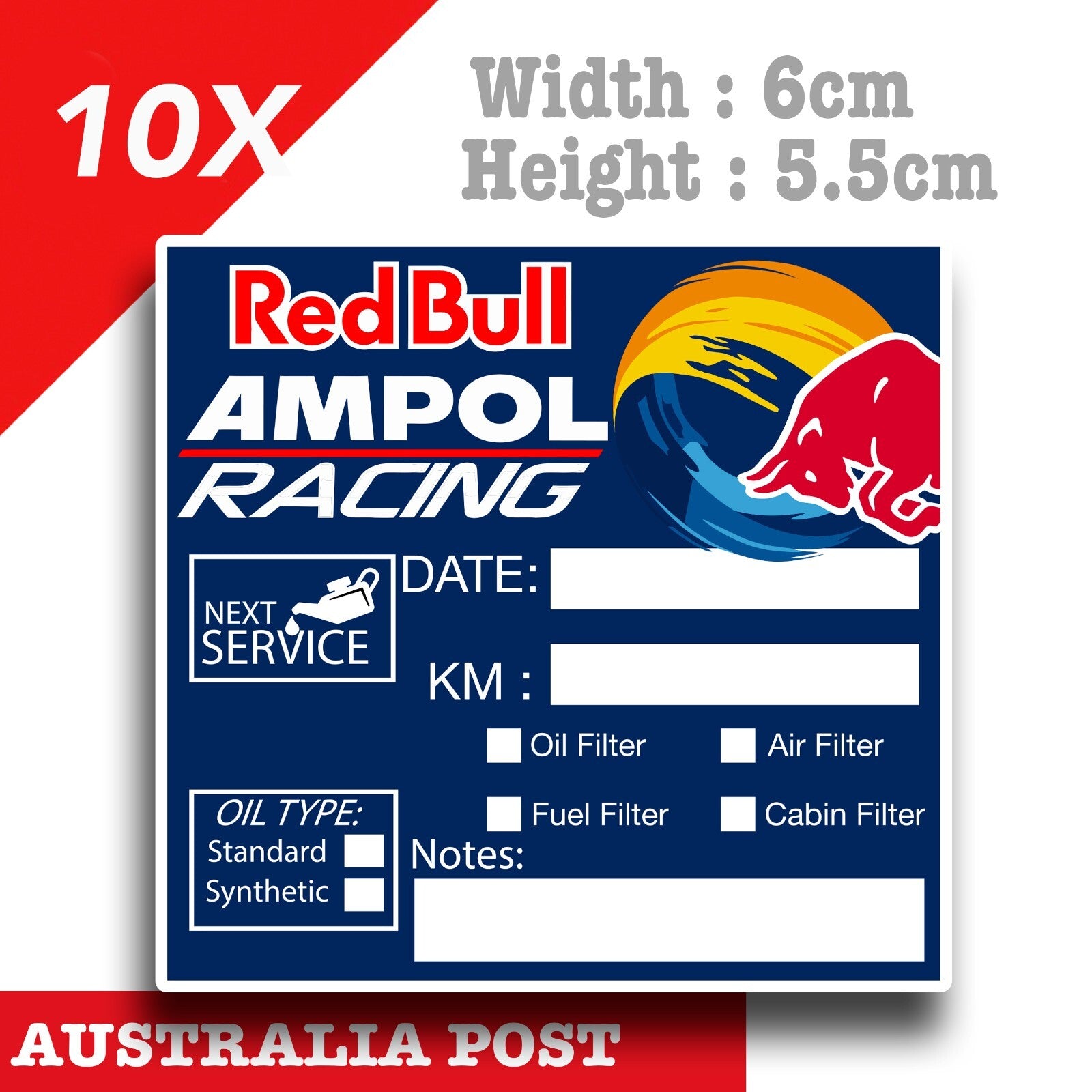 RED BULL AMPOL RACING Oil Change Service Reminder x10 Pack , Cars Vans Stickers