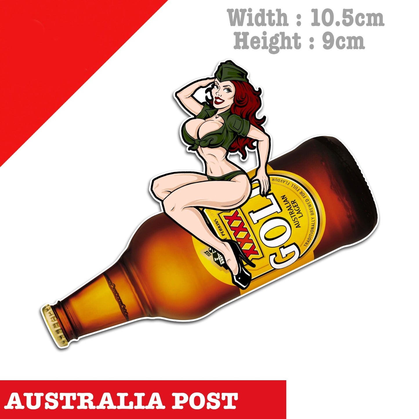 CASTLEMAINE XXXX MAN BEER Bottle with Bomber Girl , Pin Up Girl Riding Sticker