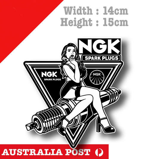 NGK SPARL PLUGS Logo, Pin Up Girl With Spark Plug Vinyl Sticker
