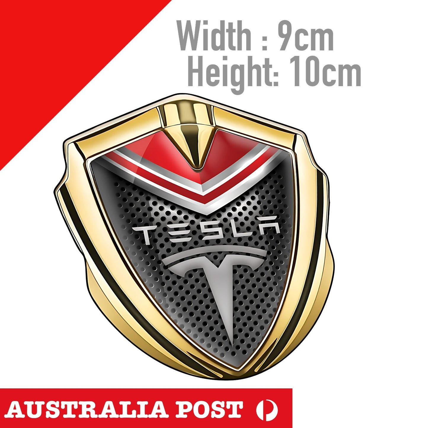TESLA Logo Badge , TESLA EV LOGO Gold Red Crest Sticker