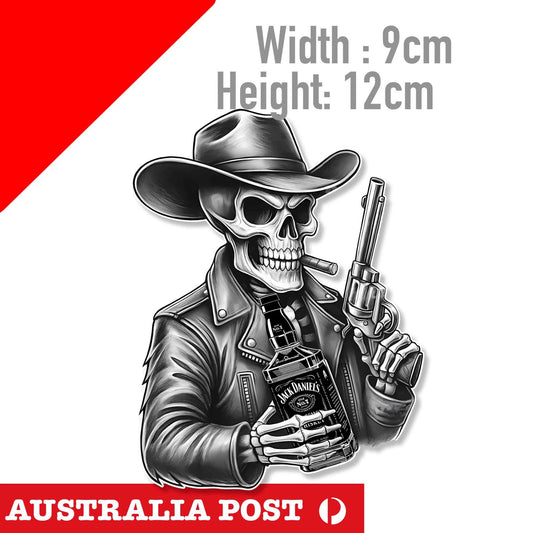 Skull COWBOY with Gun and Cigar Jack Daniels Whiskey Bottle Sticker