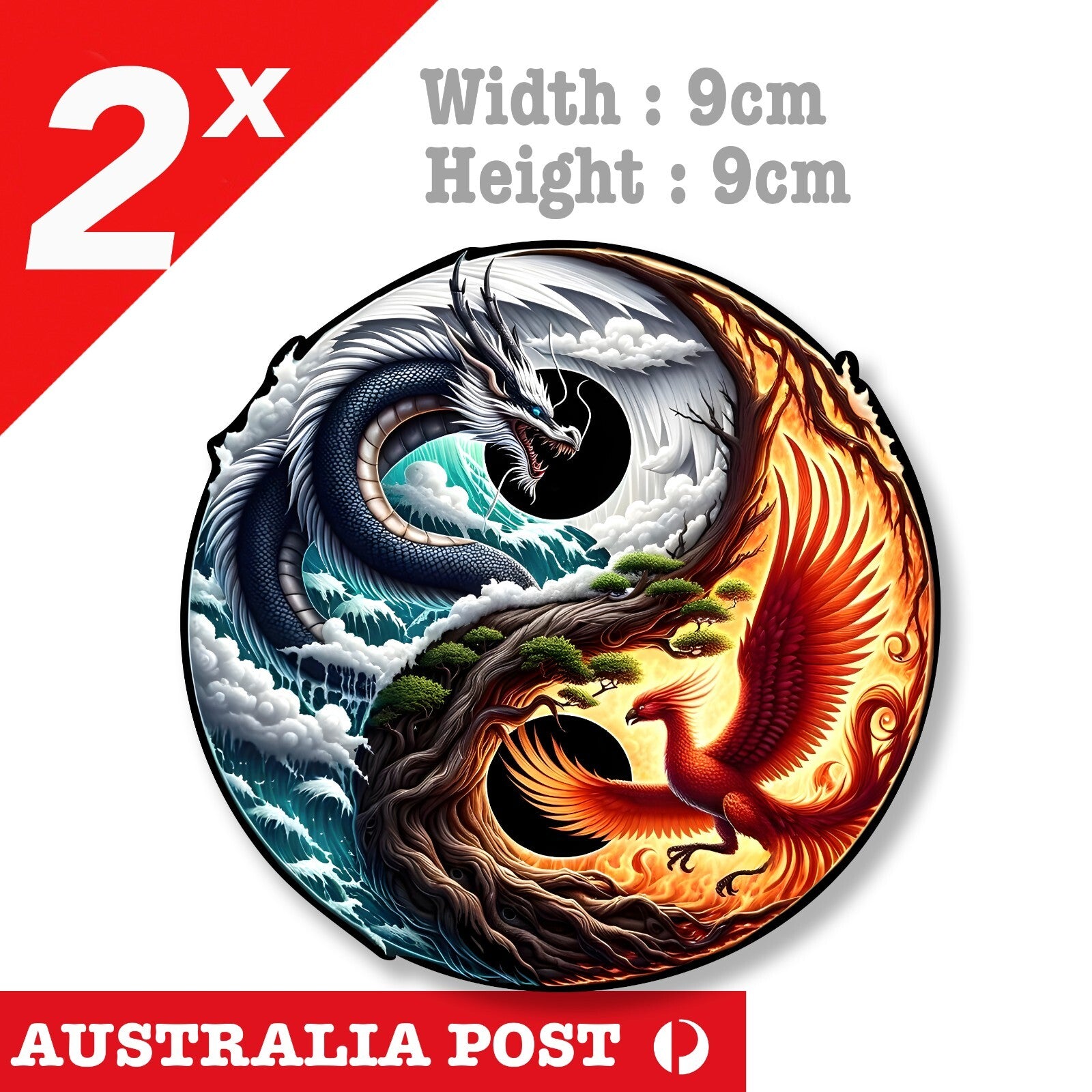 Dragon and Phoenix Yin Yang Badge Water Dragon, Fire Phoenix Stickers