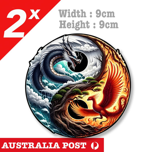 Dragon and Phoenix Yin Yang Badge Water Dragon, Fire Phoenix Stickers