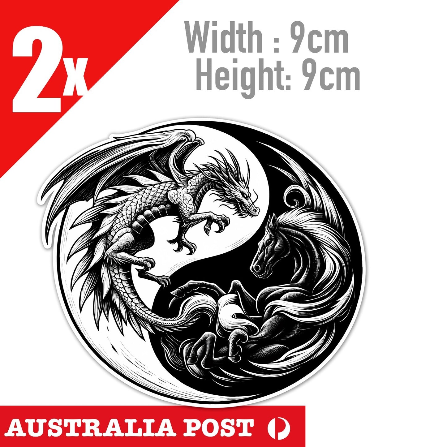 DRAGON & Horse Yin Yang Badge Black Dragon Chinese philosophy  Stickers